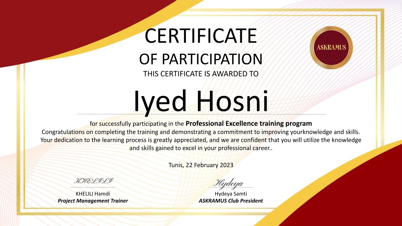 ASKRAMUS Professional Excellence Training Certificate — Iyed Hosni