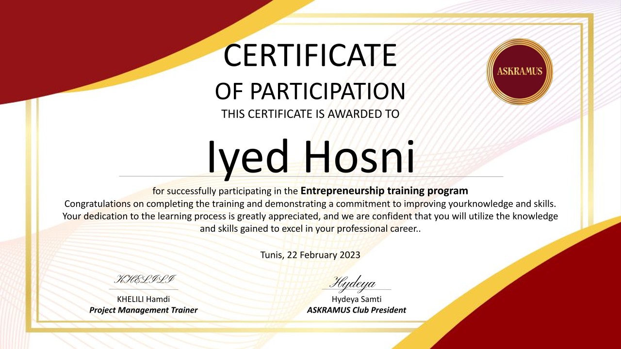 ASKRAMUS Entrepreneurship Training Certificate — Iyed Hosni