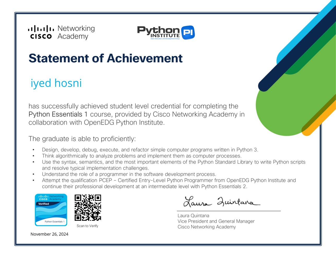 Cisco Python Essentials 1 Certificate of Completion — Iyed Hosni