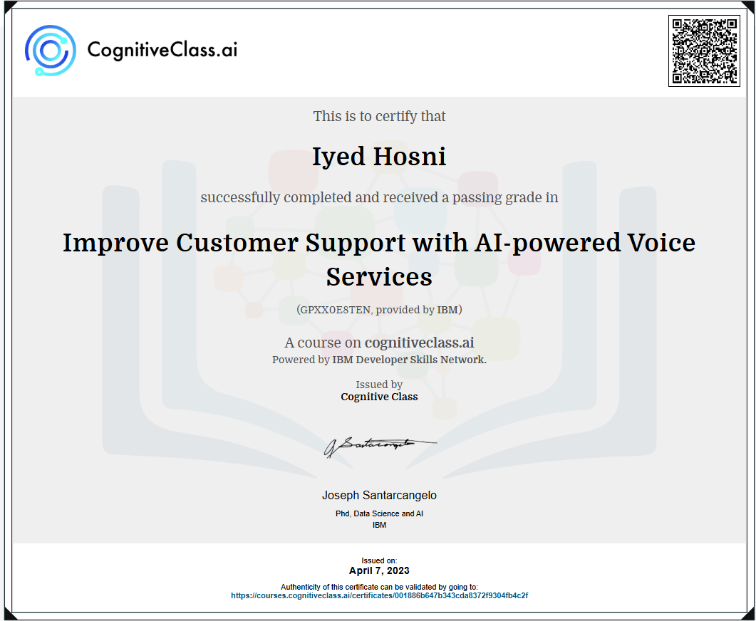 IBM CognitiveClass AI-Powered Customer Support Voice Services Certificate — Iyed Hosni