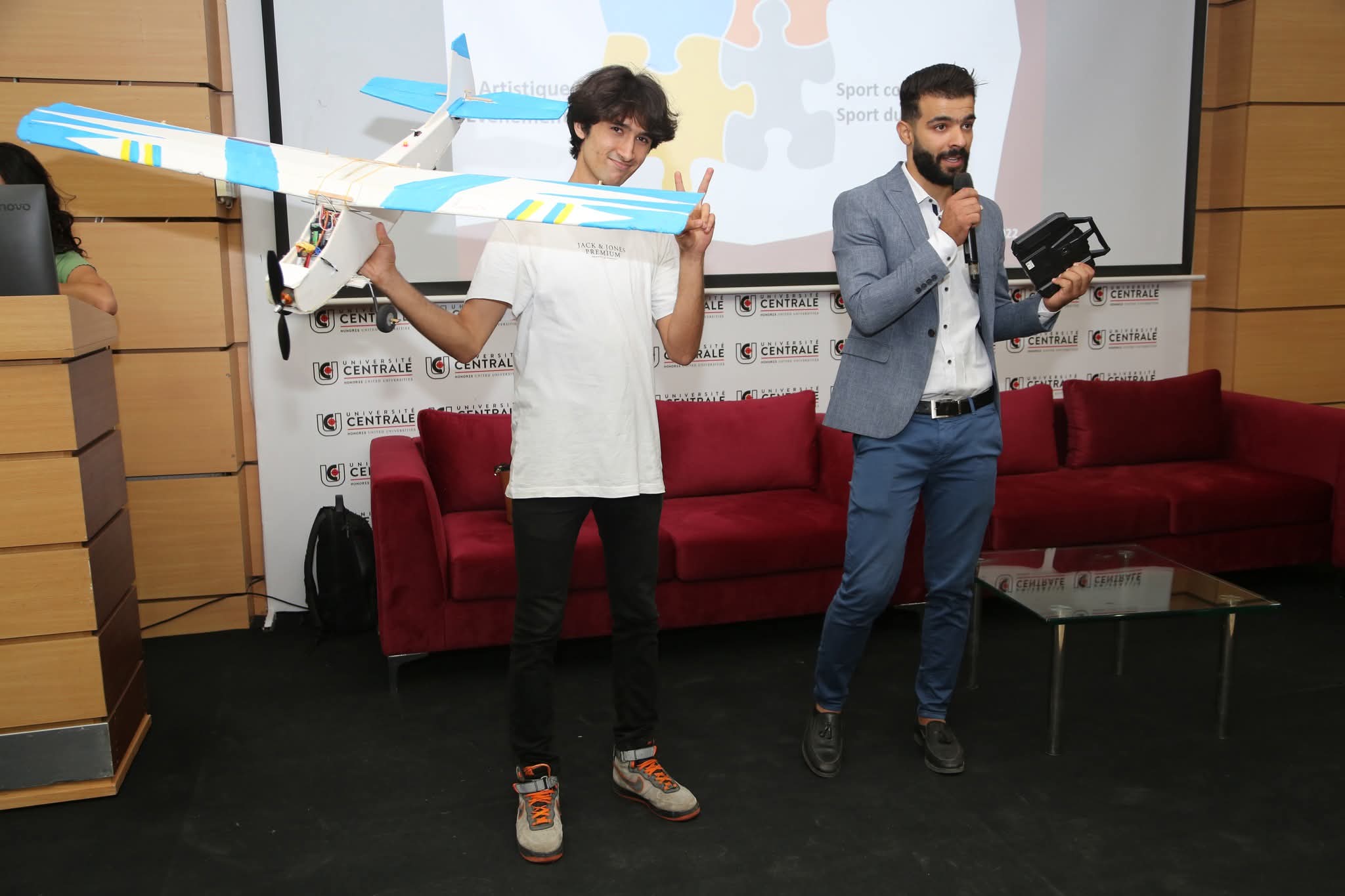 Iyed Hosni presenting scratch-built 8-motor aircraft at national aviation championship